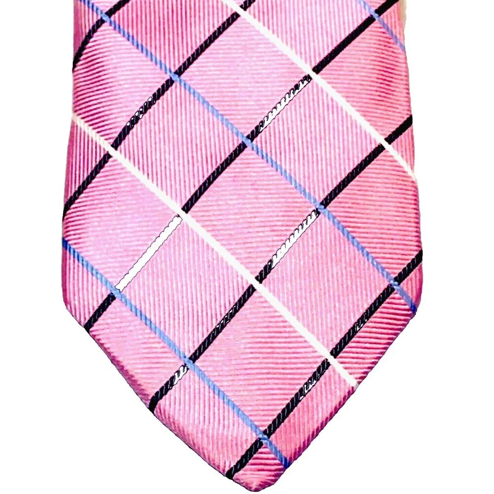 Paul Fredrick Tie Pink Plaid Repp Weave Hand Made Imported Silk Summery Preppy